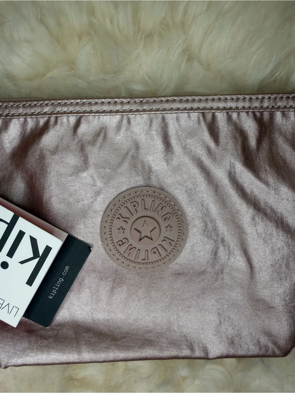 Kipling Metallic Rose Gold Cosmetic Pouch with Logo Charm
